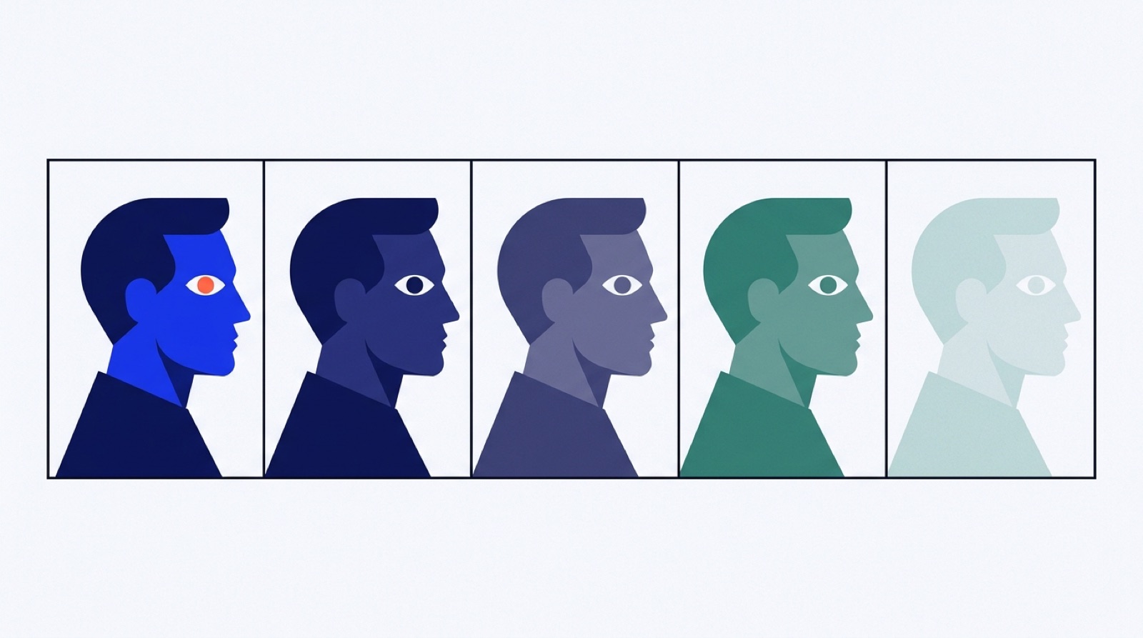 A row of identical business cards with one card turned to show a portrait