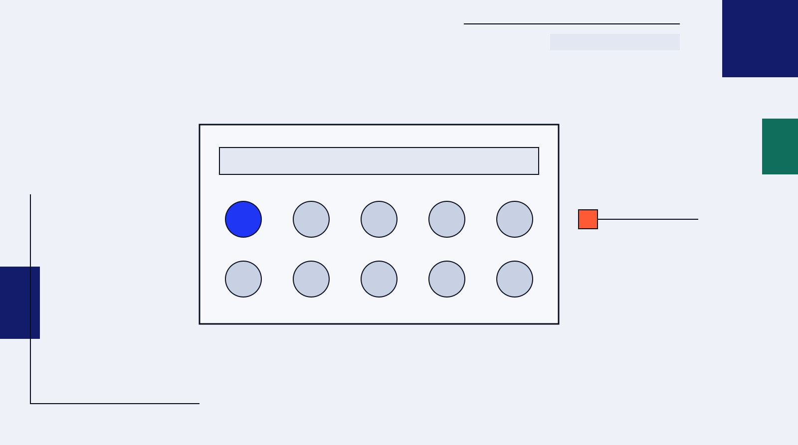 An outlined client visit card with two rows of grey punch circles, the first one filled blue, and a small coral marker on the right