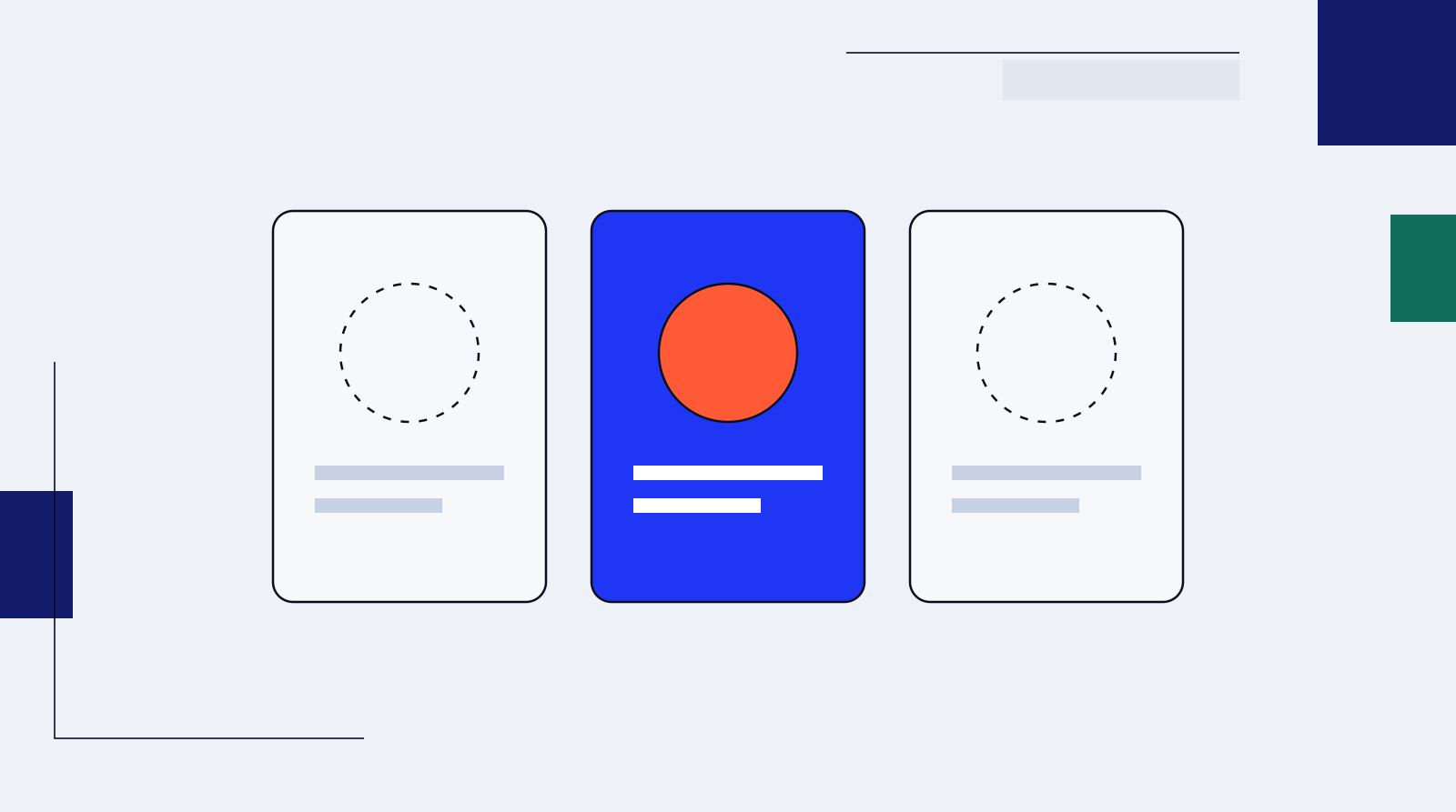 Three identical treatment cards, the middle one filled in blue with a solid coral circle where the other two have dashed outlines