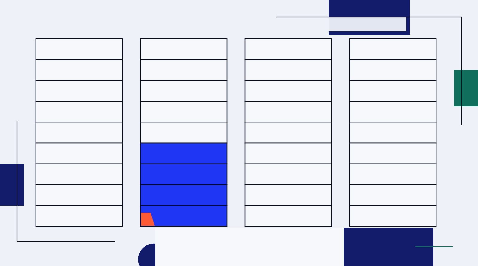 Four tall outlined columns of stacked tiles, with the lower half of the second column filled blue and a small coral marker at its base