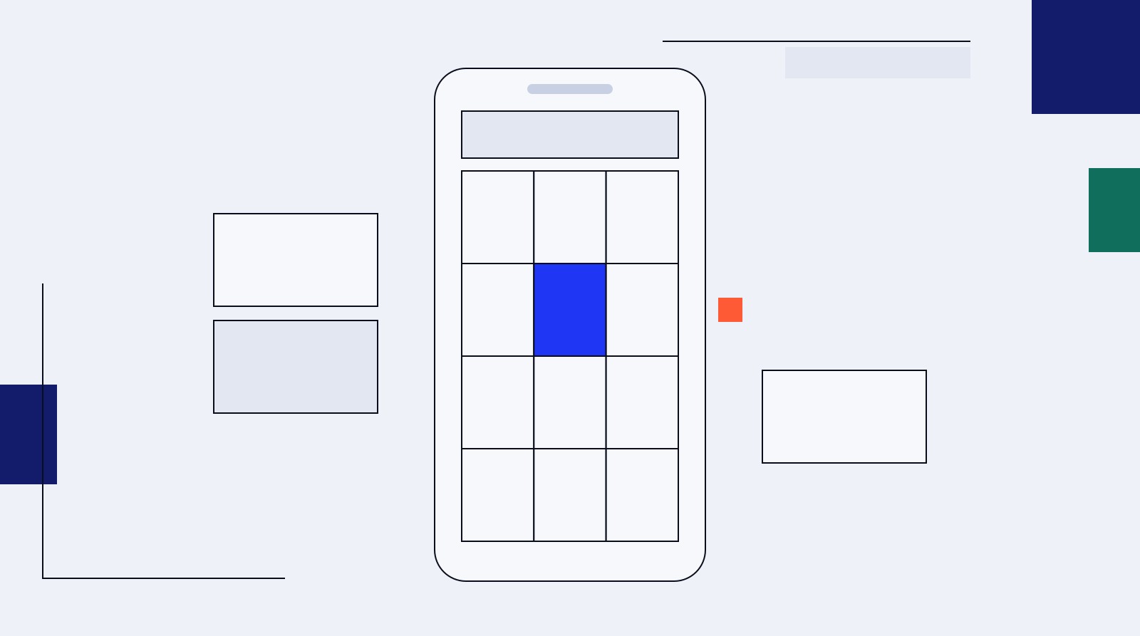 A phone-shaped grid of twelve pale post tiles with one tile filled blue and a small coral marker beside it