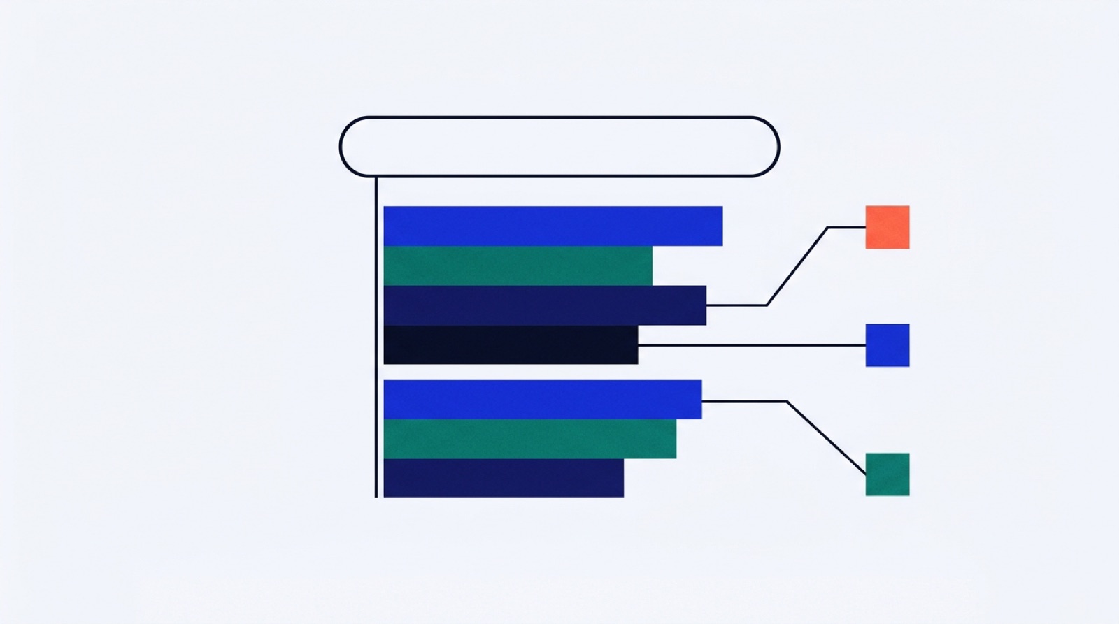 A search bar with an answer block beneath it, citation lines branching out to source blocks